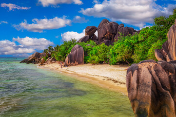 Anse Source D'argent beach at the La Digue Island, Seychelles, with turquoise water of the Indian Ocean and amazing granite rock formations.