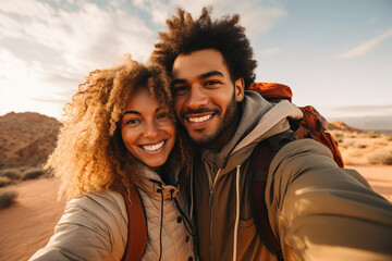 Generative AI image of funny couple traveling together in beautiful nature and taking selfies