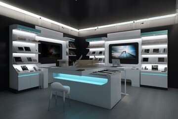Display area for showcasing product concepts, uninhabited commercial stall, service desk, computer-generated visualization. Generative AI