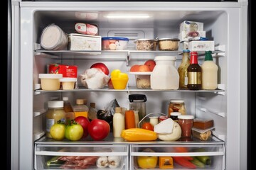filled fridge with food and supplies. Generative AI