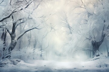 Winter wonderland with enchanting trees covered in snow. Generative AI