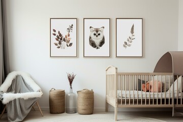 Various posters showcased on a white nursery wall. Generative AI - obrazy, fototapety, plakaty