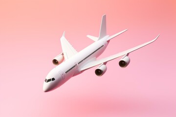 Minimal white airplane on pastel pink background. Flight and travel concept. Generative AI