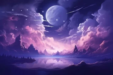 Foto op Plexiglas Abstract fantasy landscape with neon clouds against a night purple sky. A beautiful natural wallpaper illustration. Generative AI © Liam