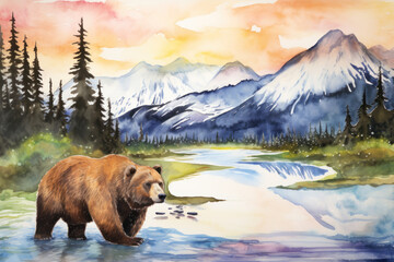 Alaska natural scenery background with a polar bear, watercolor