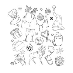 Obraz premium Christmas colouring pages from Christmas elements, animals and other decorations. New Year's colouring. For child colouring book, tattoo design, printing, package, card, designer, clothes, icon