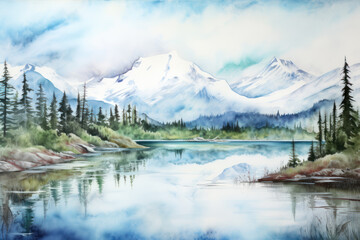 Alaska natural scenery background with a polar plant, watercolor