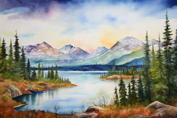 Alaska natural scenery background with a polar plant, watercolor
