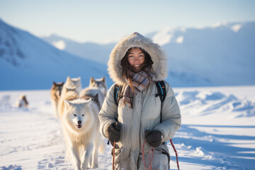 An Inuit Eskimo woman wearing winter clothes, with her dog
