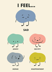 cute characters expressing different emotions of sad and text