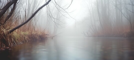 Foggy river with calm and misty scene. Generative AI technology.	
