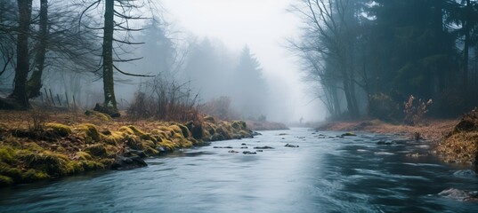 Fototapeta na wymiar Misty autumn river. Generative AI technology.
