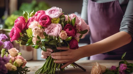Gordijnen Cropped view of florist hands making flower bouquet on table surface © MP Studio
