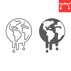 World melting line and glyph icon, climate change and ecology, global warming vector icon, vector graphics, editable stroke outline sign, eps 10.
