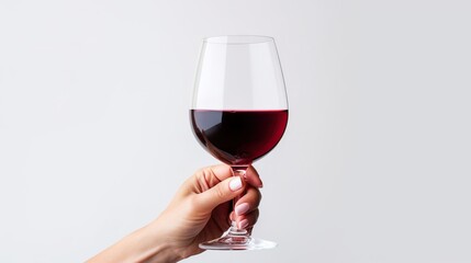 Hand holding red wine glass isolated white background. AI generated