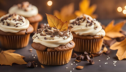 Chocolate cupcakes with cream frosting, closeup. Coffee and golden leaves decoration cupcakes on the table 
