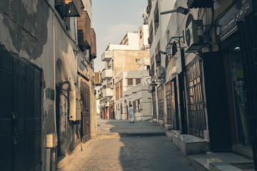 Obraz premium Old souk market street with traditional arabic goods in historical town of Jeddah Al Balad Saudi Arabia