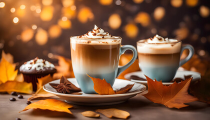 Obraz na płótnie Canvas Cappuccino with whipped cream in beautiful cups, seasonal festive scene, happy holidays, merry Christmas breakfast, xmas cafe, cacao delicious desert 