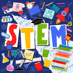 STEM. Science, technology, engineering, mathematics. Science education collage with hand written word "STEM". Square composition