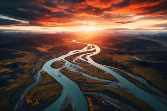 A glacial rivers from above. Aerial photograph of the river streams from Icelandic glaciers. Beautiful art of the Mother nature created in Iceland. Wallpaper background high quality photo. High