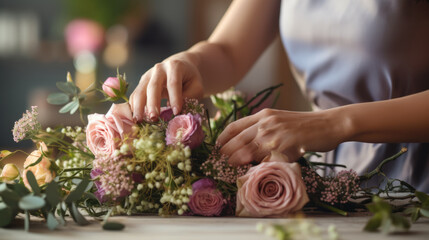 Cropped view of florist hands making flower bouquet on table surface - obrazy, fototapety, plakaty