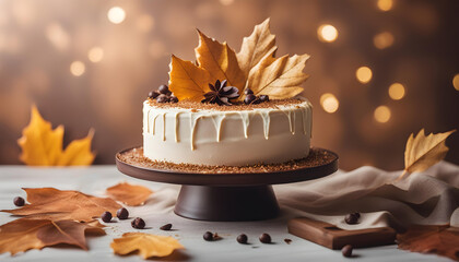 Autumn birthday cake with white chocolate and cream frosting, golden leaves and nuts and spices on the table in a beautiful elegant setting.