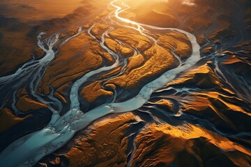 A glacial rivers from above. Aerial photograph of the river streams from Icelandic glaciers. Beautiful art of the Mother nature created in Iceland. Wallpaper background high quality photo. High - 647315251