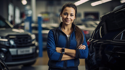 Portrait of a female mechanic in a car service against the backdrop of cars.