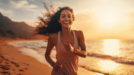 Young woman running on the beach against the backdrop of the setting sun