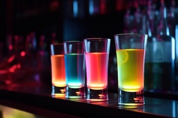 Drink in a night club cocktails on illuminated bar counter. Generative AI