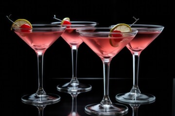 Four pink cosmopolitan martini cocktails. Generative AI