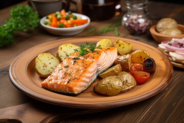 Grilled salmon steak with vegetables on a plate. Generative AI