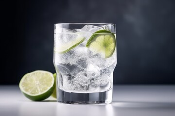 Gin and tonic with lime wedge and ice isolated on grey background. Generative AI