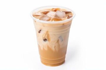 Iced coffee latte in takeaway cup isolated on white background. Generative AI