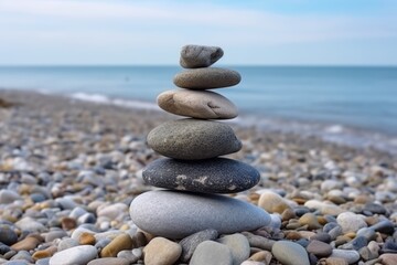 Fototapeta na wymiar Pile of pebbles in the balance on the seacoast. Generative AI