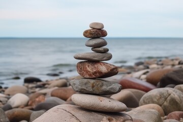 Pile of pebbles in the balance on the beach. Generative AI