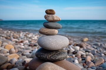 Fototapeta na wymiar Pile of pebbles in the balance on the beach. Generative AI