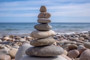 Fototapeta na wymiar Stack of stones on beach. Generative AI