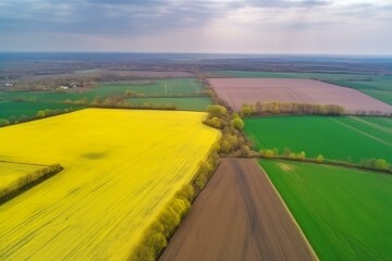 Aerial photo of green and yellow agricultural areas. View of two fields from above. Rural landscapes in the countryside. Generative AI