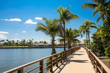 Fototapeta na wymiar Waterfront walkway lined with palm trees along Indian River Drive. Sunny day, bridge in the background near downtown Fort Pierce. Generative AI