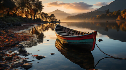 Isolated fishing boat floating on a blue calm river HD wallpaper