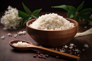 Raw Jasmin rice in wooden bowl. Generative AI