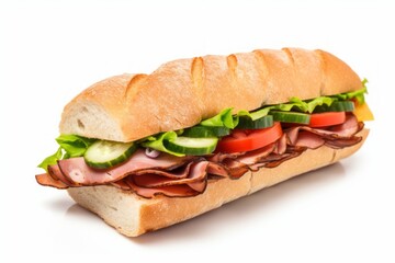 Sandwich with ham and vegetables isolated on white background. Generative AI