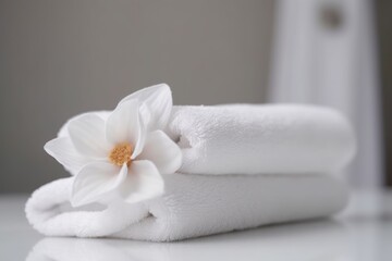Two white neatly folded terry towels with flower on a light background. Generative AI
