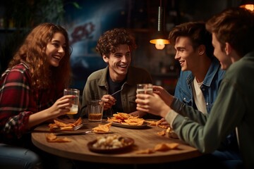 group of teenage friends at the table drinking