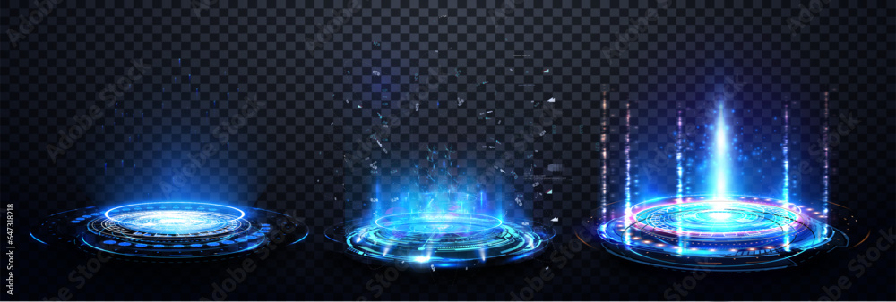Leinwandbilder magic blue portals on transparent background. 3d blue magic glow teleport platform with ring and hud