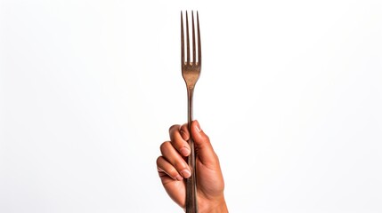 Hand holding fork isolated white background. AI generated