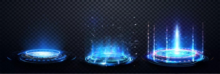 Behang Magic blue portals on transparent background. 3d blue magic glow teleport platform with ring and hud beam, healing aura for game interface. Sky-fi digital hi-tech fui elements for presentation product © ZinetroN