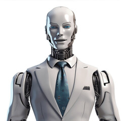A robot wearing a humanoid business suit on a white background.
