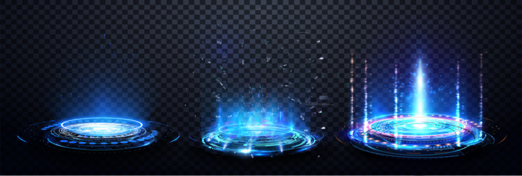 Magic blue portals on transparent background. 3d blue magic glow teleport platform with ring and hud beam, healing aura for game interface. Sky-fi digital hi-tech fui elements for presentation product